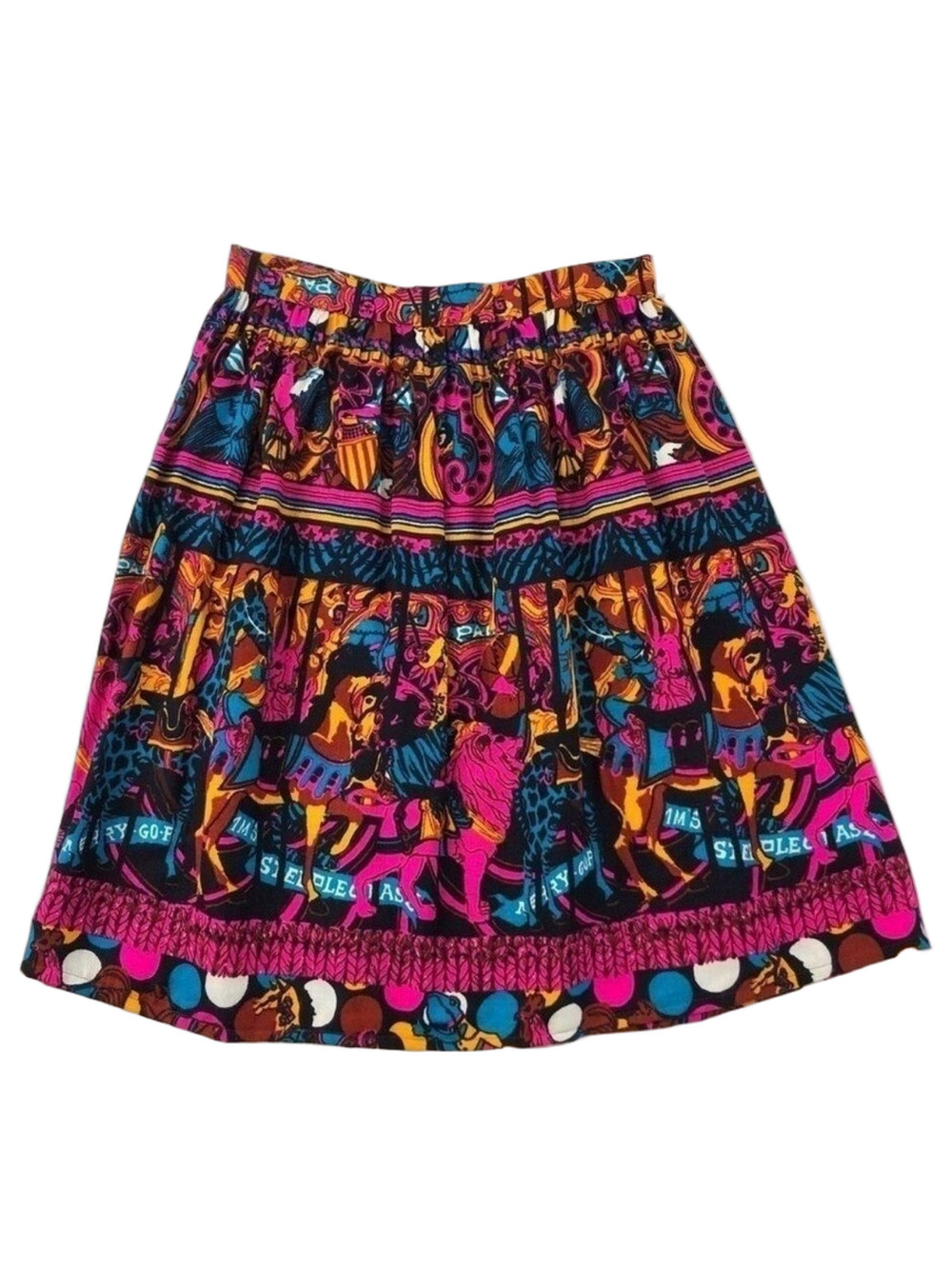 Vintage 70s skirt MOD black neon pink brights aline gathered waist  XS Retro